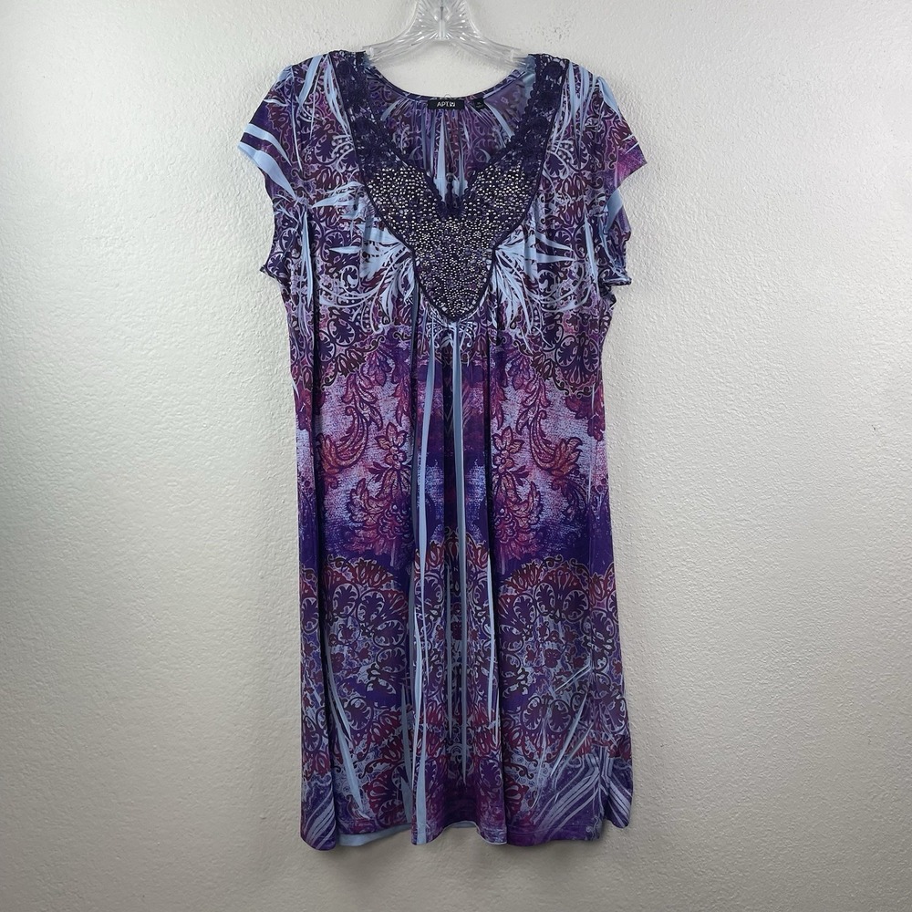 APT 9 Dress Boho Artsy‎ Eclectic Embellished Fairy Pleated Crochet Stretch Sz XL